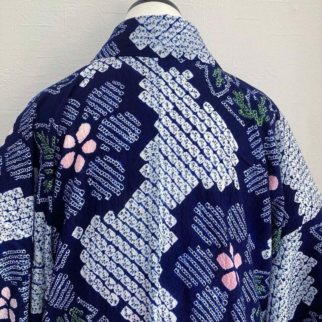 みっちん。 有松鳴海絞り浴衣・蜘蛛絞り 花模様　手縫い 広襟　No.-66