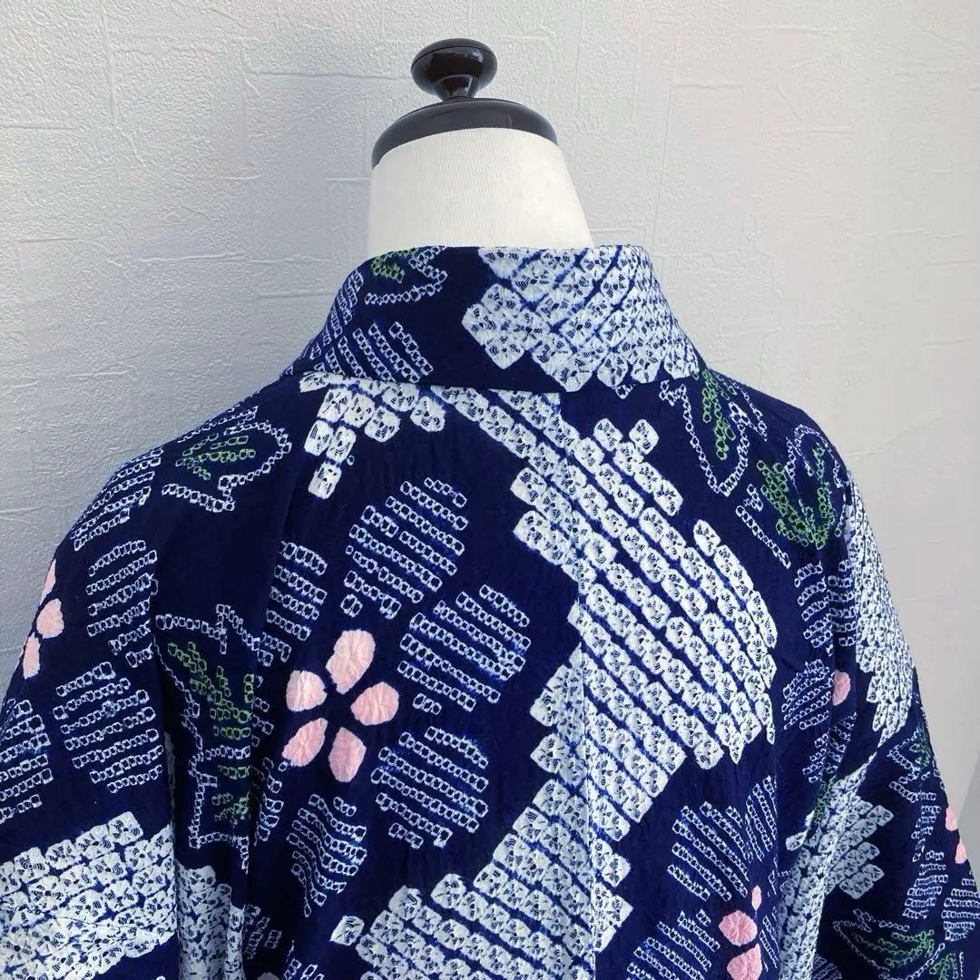 みっちん。 有松鳴海絞り浴衣・蜘蛛絞り 花模様　手縫い 広襟　No.-66