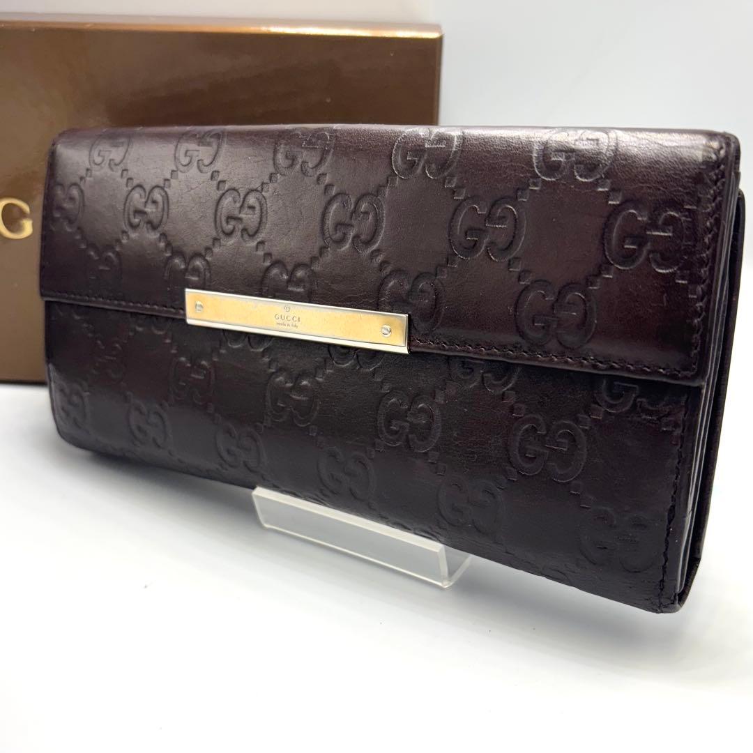 グッチ GG 長財布 シマ ブラウン シルバープレート レザー 本革　箱付き