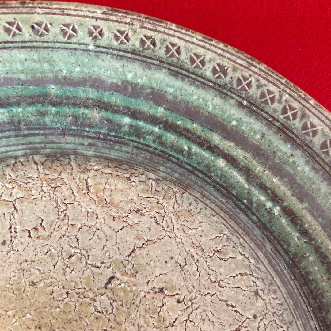 最終値下げ★永見鴻人作　迫力ある 大皿　印花文緑釉板造皿　陶芸　飾り皿　骨董品