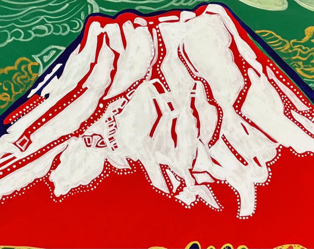 【F8号】手描き油彩画　片岡球子【花咲く富士】額縁　額装　サイン　落款　赤富士