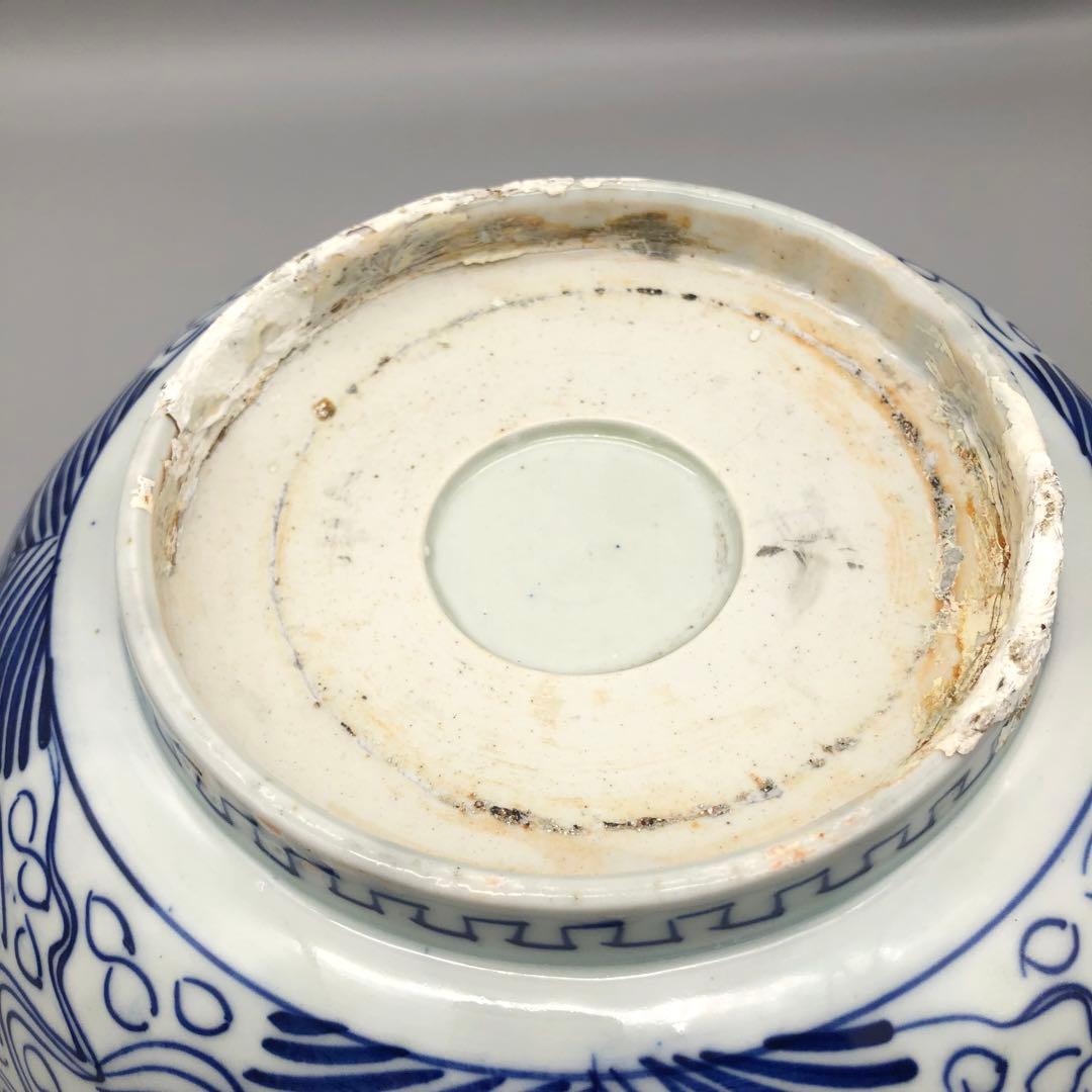 明治時代古伊万里幾何学模様ベロ藍印判手中押し鉢ボウル27cm伊万里焼骨董品