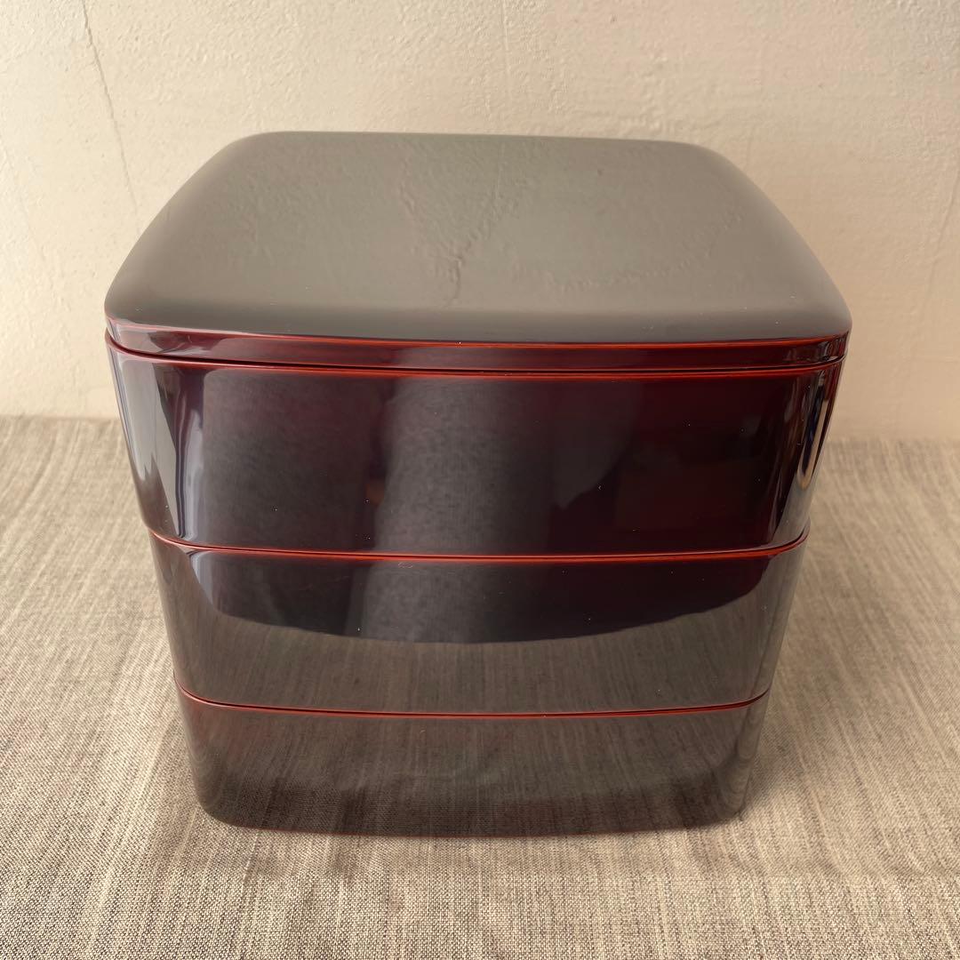 溜塗 木製 漆器 重箱 3段 19.5cm 黒　無地　胴張り