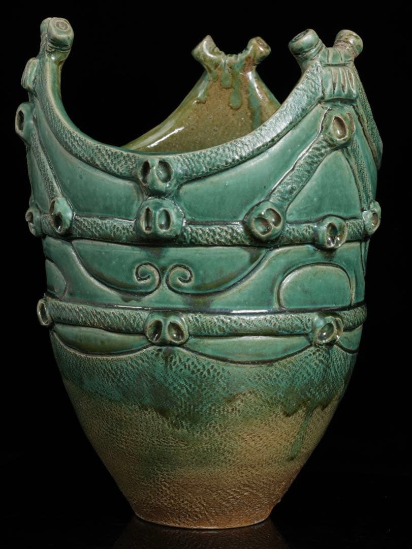 【富久窯 井上富三】縄文写花瓶 共箱 高さ37㎝ 緑釉 花器 花入 古美術 骨董