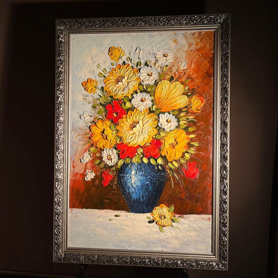★特大秀作★ 手書き油絵 花瓶の花 額付き インテリア 肉筆絵画 油彩画