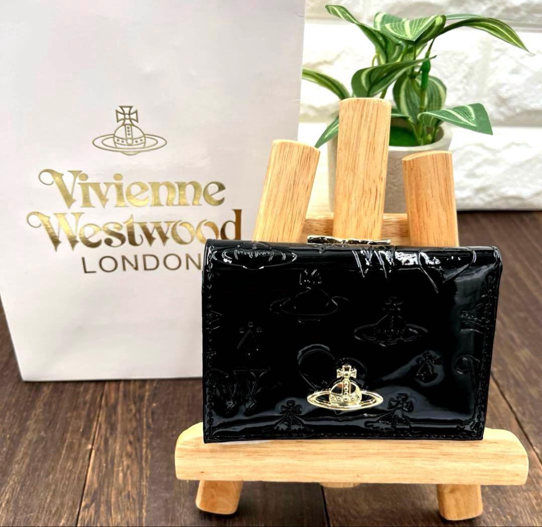 新品未使用　ヴィヴィアンウエストウッド 三つ折財布　黒　エナメル　がま口　⑥