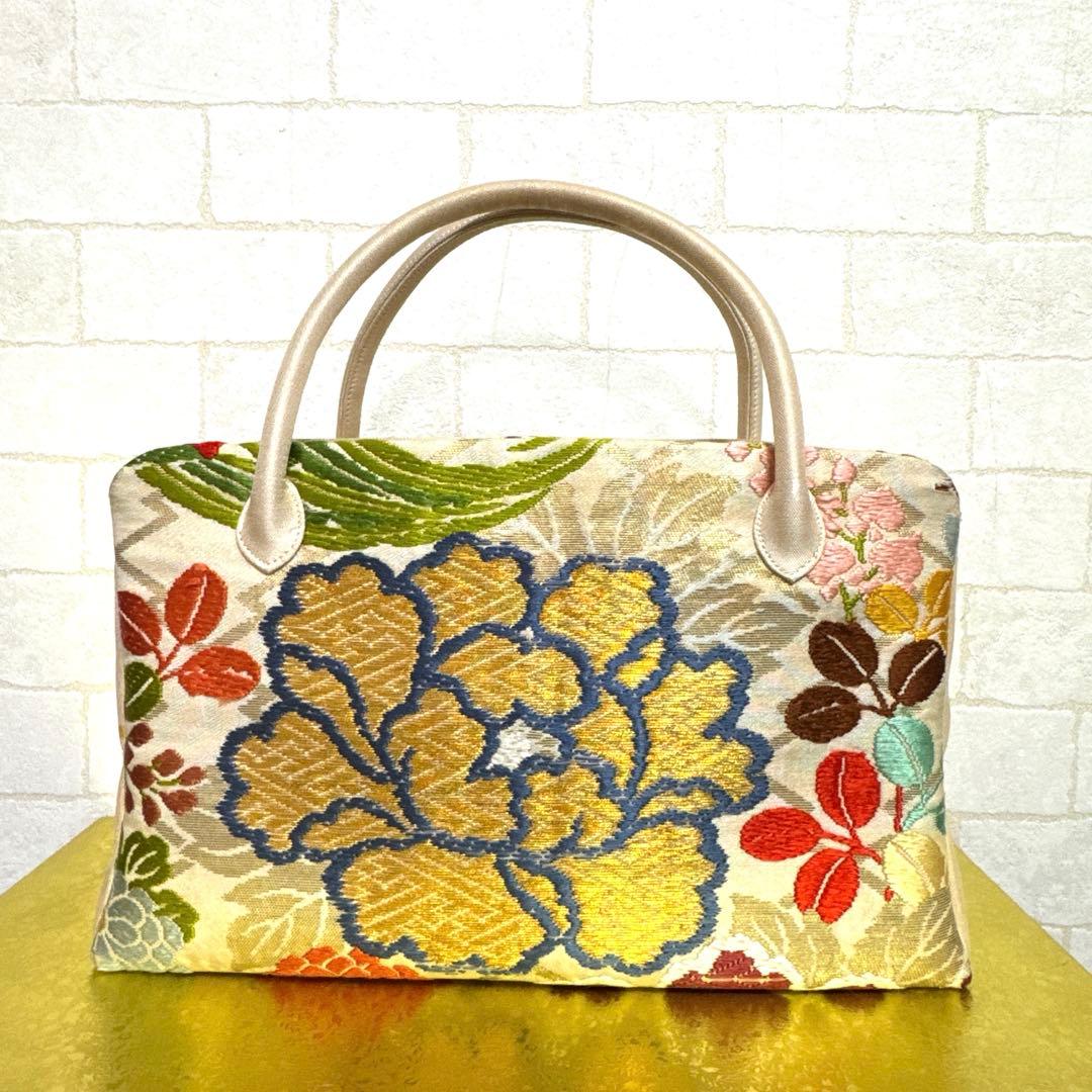 正絹 西陣唐織 大きめ利休バッグ 和装バッグ 金糸 帯地 逸品