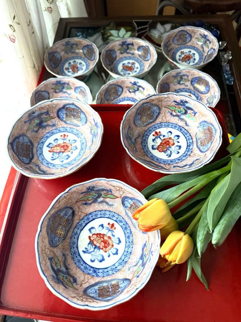 M様へ感謝お嫁入り‼️強運献上手大聖寺伊万里錦手Dragon❌牡丹龍　靏膾皿鉢2客