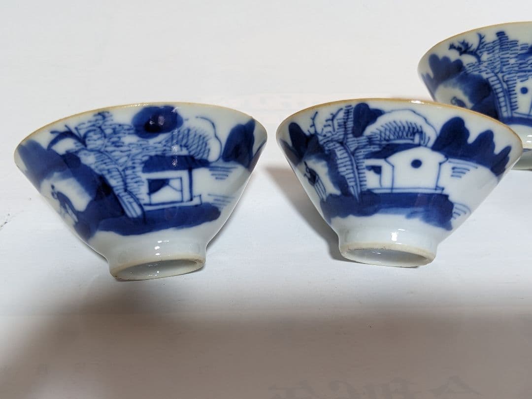 ♦江戸時代 初代高橋道八開窯 染付山水人物図 酒盃五客組 仁阿弥道八 古美術品