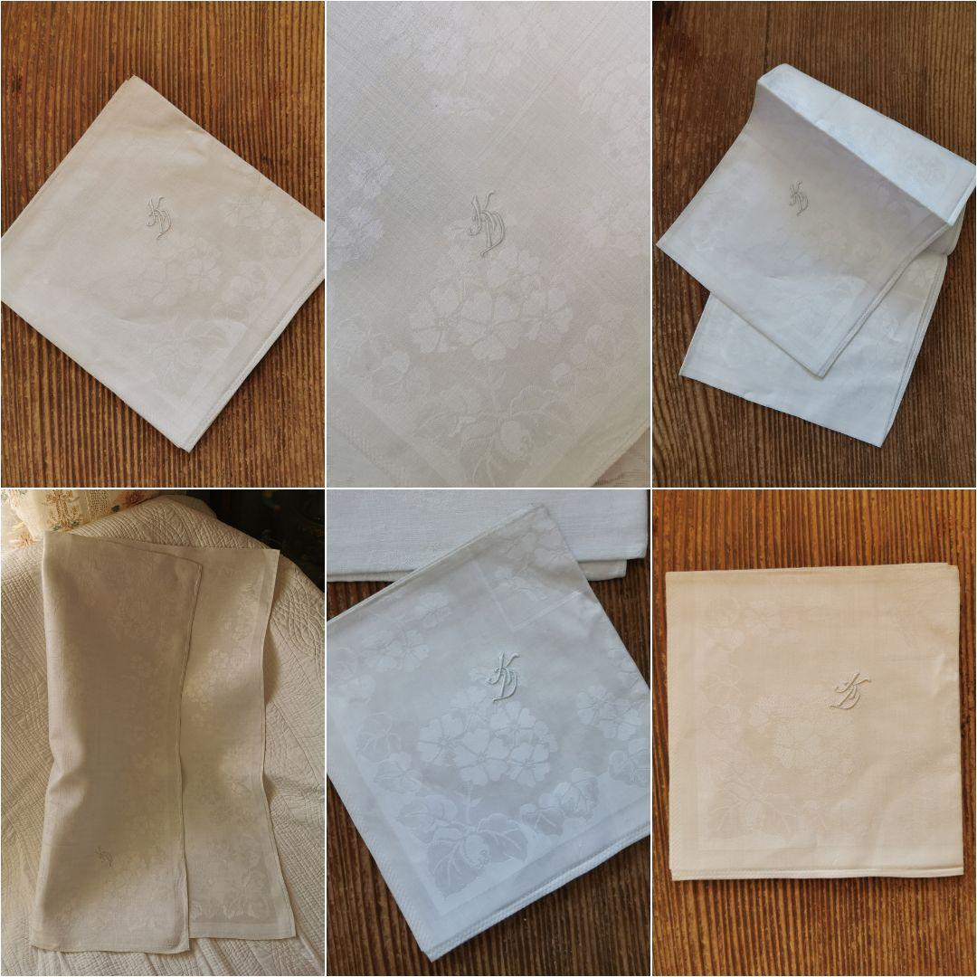 アンティーク ダマスク織 リネン 桜草 プリムラ 紫陽花風 イニシャル刺繍クロス
