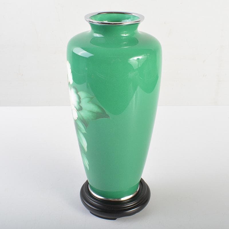 七宝焼　林七宝店 　牡丹文瓶　唐木台・箱付　M　R7378B