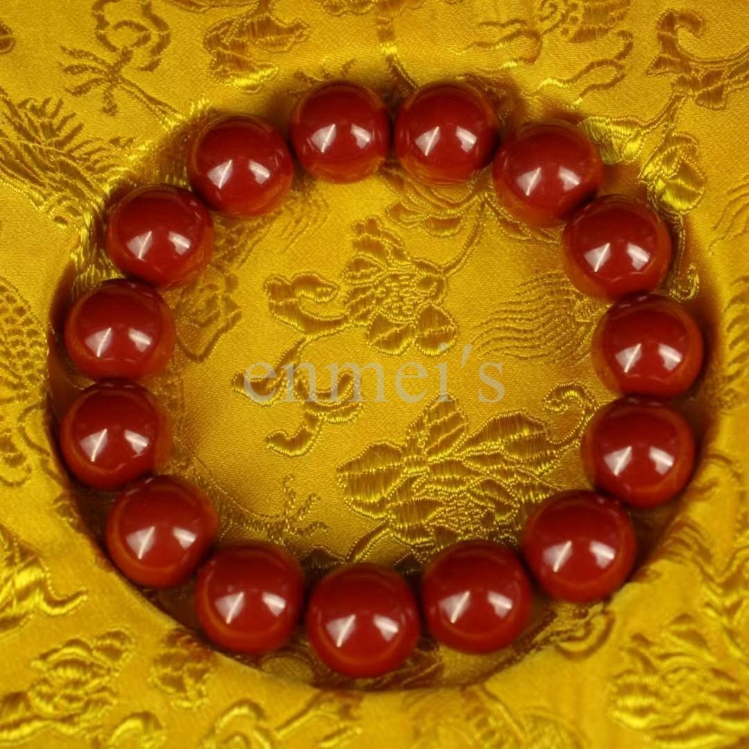 天然朱砂(シナバー )帝王砂真っ赤　１４mm縁起　魔除け|ブレスレット木箱付き