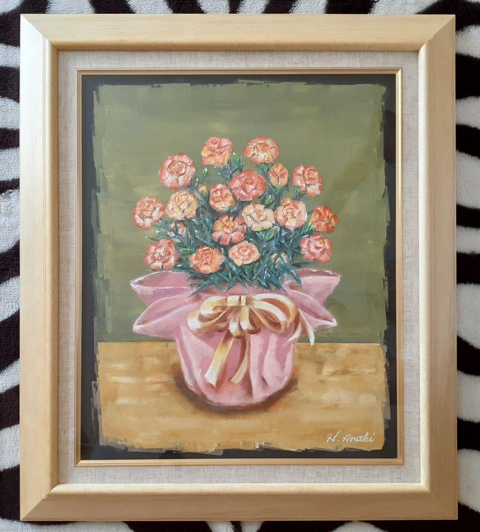 油絵　額入り　F8「母の日のカーネーション」