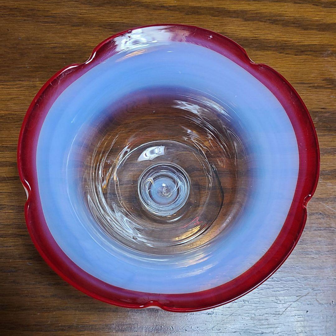 アンティーク　大正～昭和　乳白色　氷グラス　赤/青暈し　吹きガラス