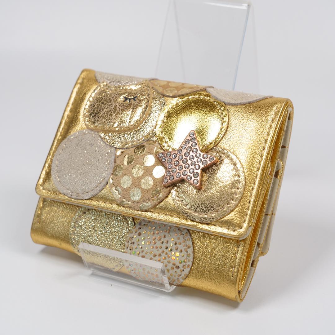 極美品✨ツモリチサトキャリー 三つ折り財布 ゴールド ドット 星 ネコ