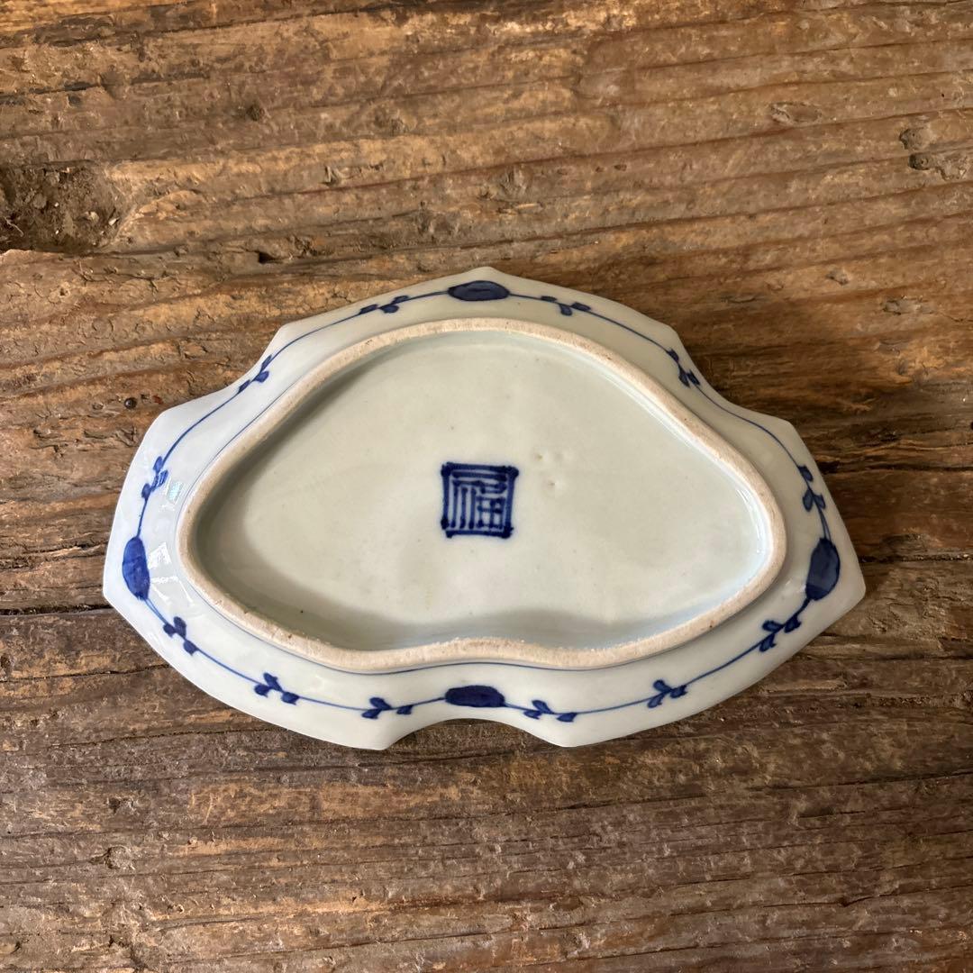 アンティーク変形小皿5点　明治　大正　印判染付古道具　検:白洲正子　李朝