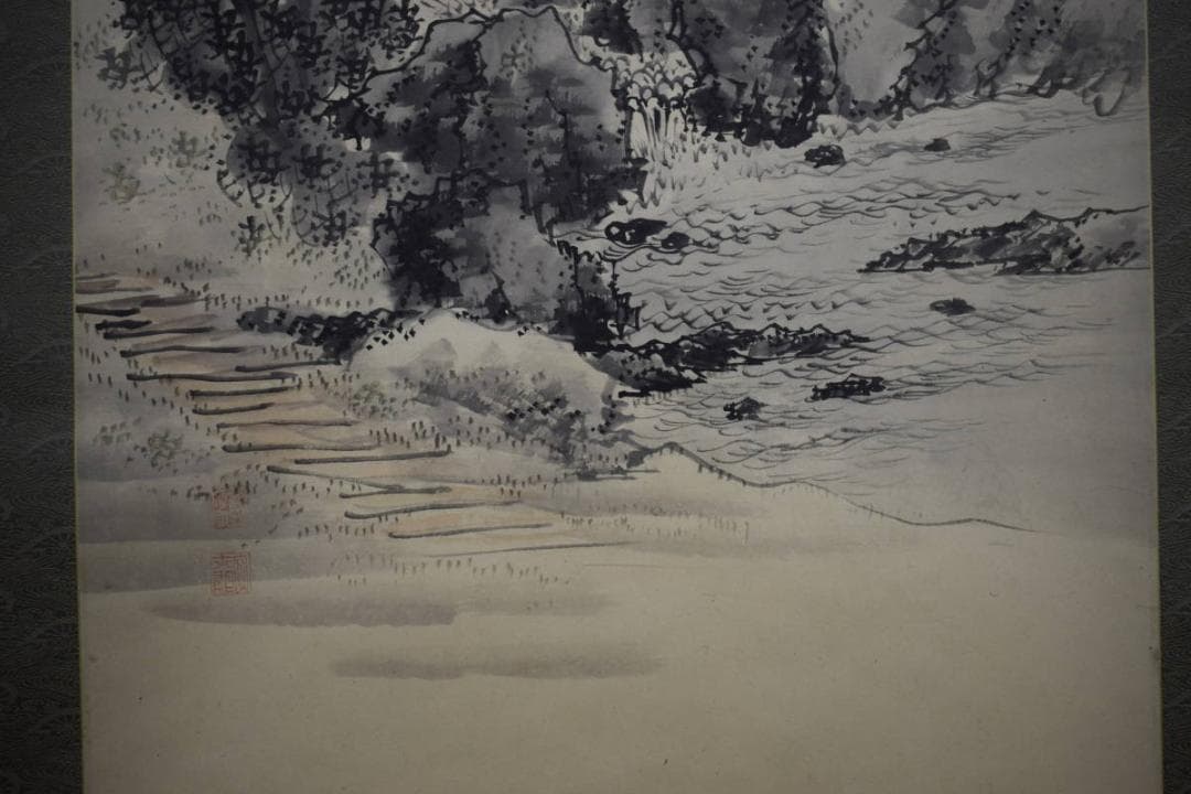 真作/藤井松林/内海風景遠望図/山水帆船図/桐極箱付/布袋屋掛軸HI-393