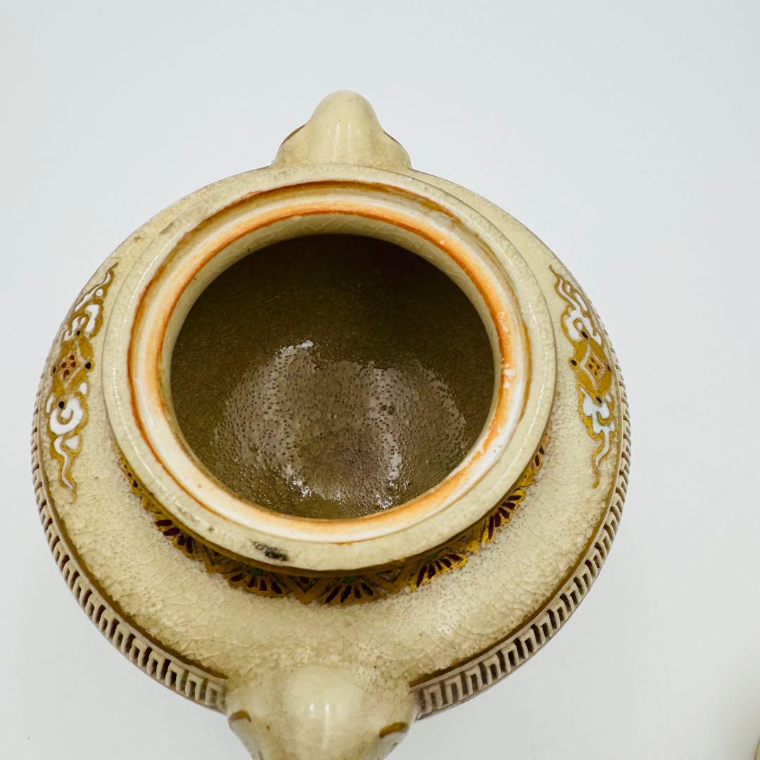 【白薩摩　光石窯　象耳香炉　色絵付け】骨董　アンティーク　インテリア