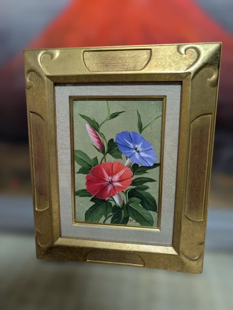 油彩画　安田英明　朝顔（SM号）額寸:タテ380ｘヨコ310（mm）