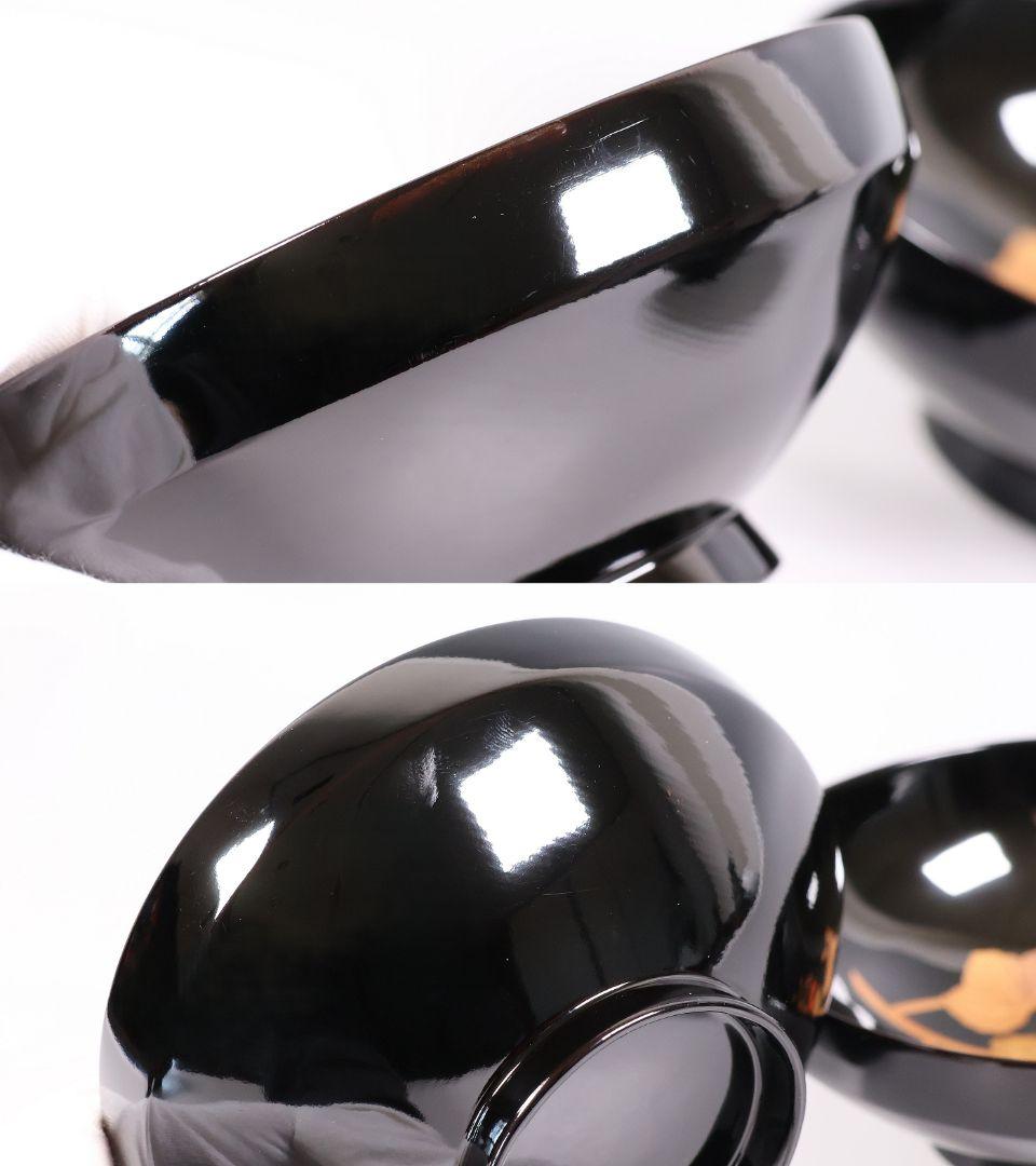 【CM402】天然木漆塗 菊桐鳳凰金蒔絵 黒塗 吸物椀 五客 昭和期 木製漆器