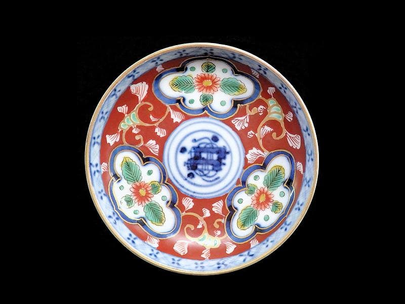 大聖寺伊万里　色絵　窓絵　菊に唐草の図　４寸皿　５客　A136A-CBe