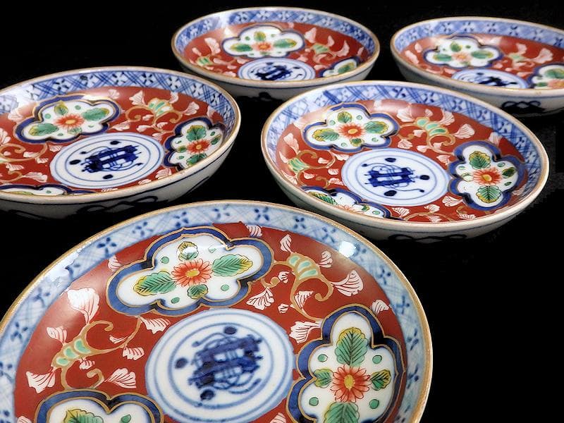 大聖寺伊万里　色絵　窓絵　菊に唐草の図　４寸皿　５客　A136A-CBe