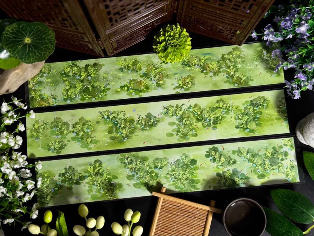 【8767】海外　マステ　3/5/m巻売り　貝殻光　小石潭　金魚　景色