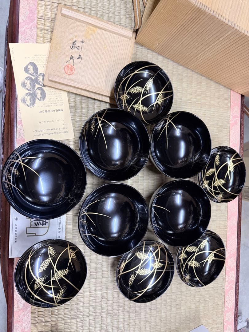 象彦製・黒塗り蒔絵碗　京都　平安象彦　稲穂蒔絵