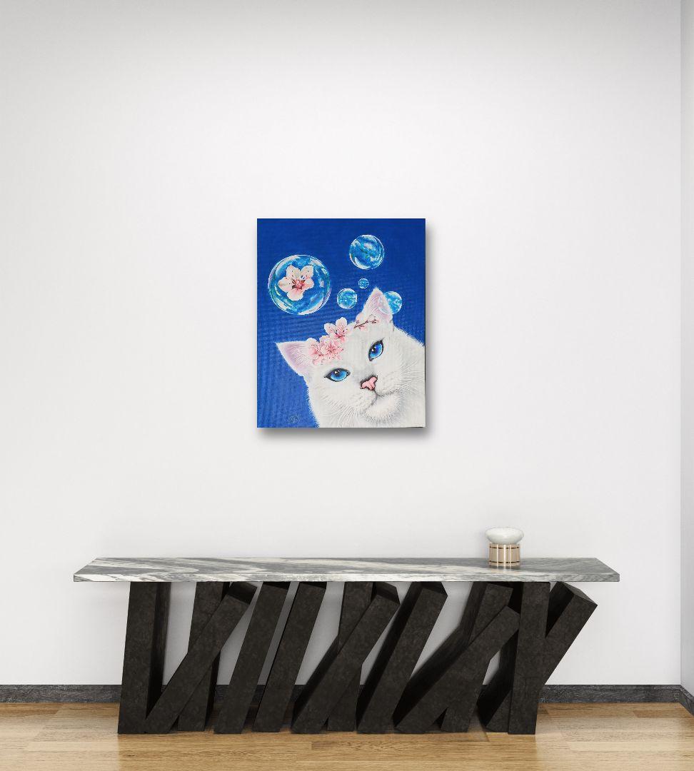 青い空さくら猫(キャンバス&アクリル絵の具)
