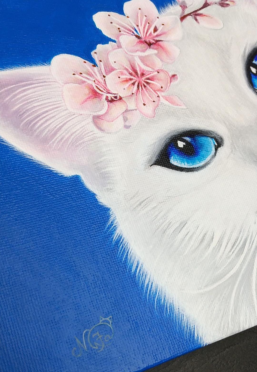 青い空さくら猫(キャンバス&アクリル絵の具)