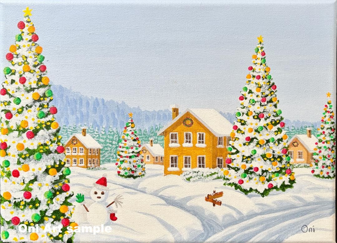 アクリル画　原画　「クリスマスヴィレッジ01」額縁付き　F4サイズ　風景画
