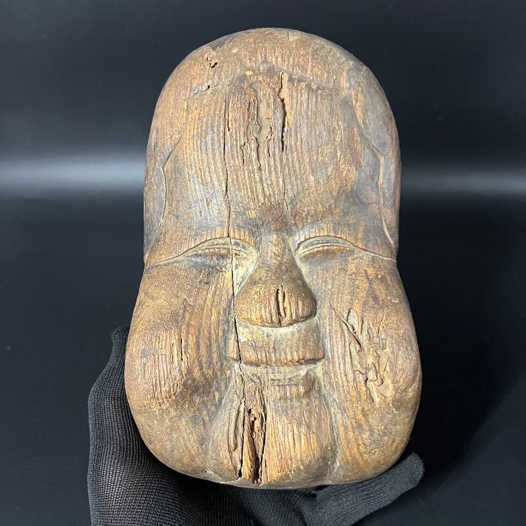 江戸時代 木彫 おかめ（阿亀）面 一木彫 民間信仰彫刻 古民藝美術品◎古美術庵々