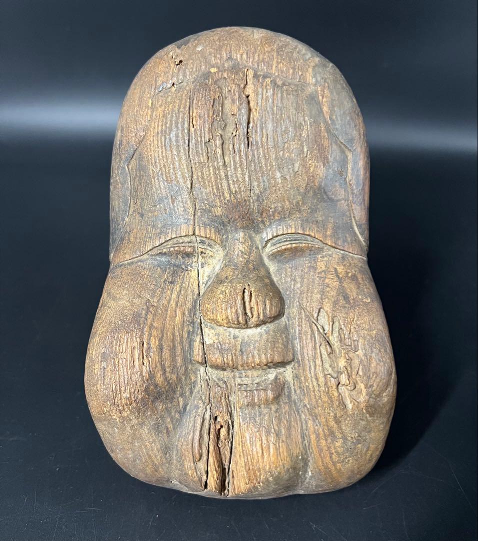 江戸時代 木彫 おかめ（阿亀）面 一木彫 民間信仰彫刻 古民藝美術品◎古美術庵々