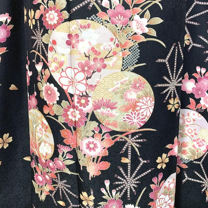 511z36〇振袖 地紋 桜 梅 丸文 黒 ピンク〇美品 成人式 結婚式