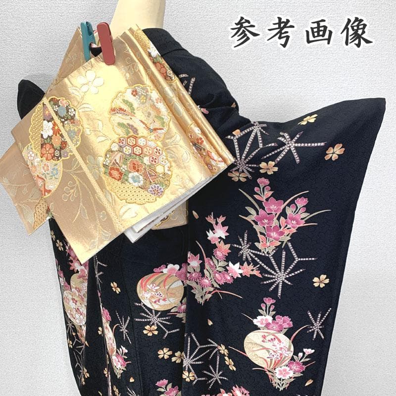 511z36〇振袖 地紋 桜 梅 丸文 黒 ピンク〇美品 成人式 結婚式