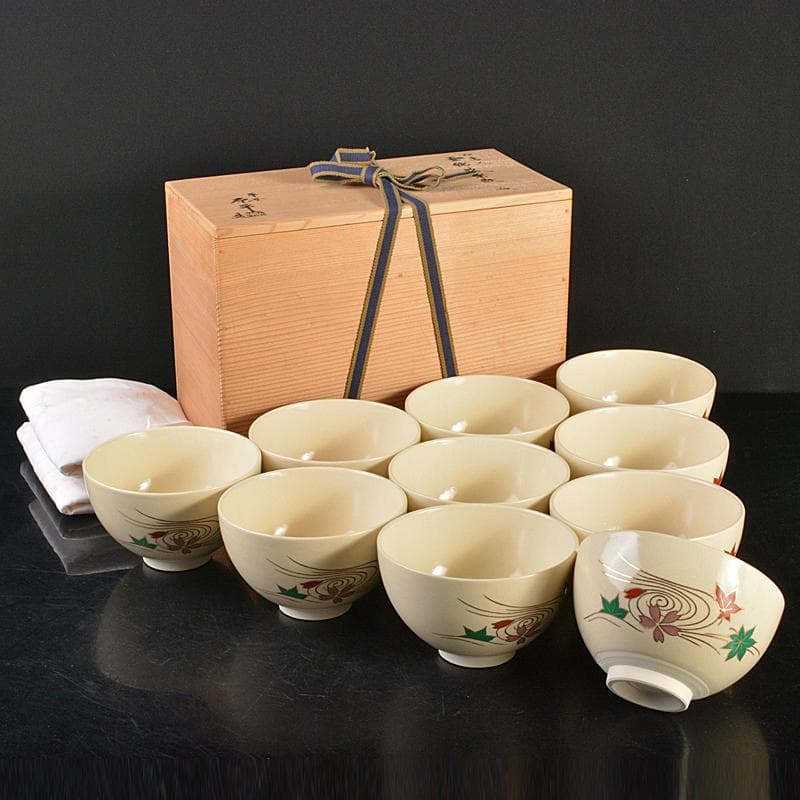京焼　平安原平造　色絵金彩　仁清写　雲錦　数茶碗　十客　共箱　M　R7414B