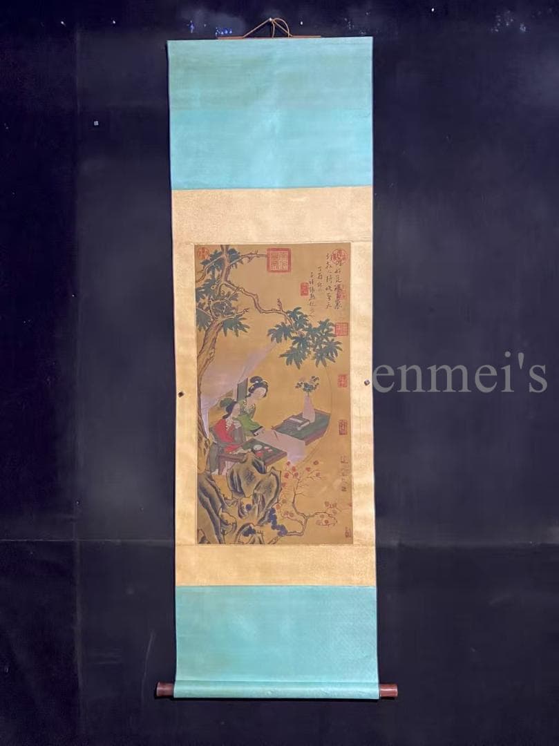 中国古美術 明代 仇英款 人物画 掛軸 絹布 唐物 古画 名家書画 水彩画 肉筆