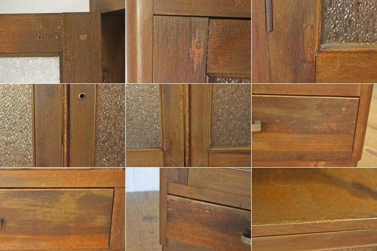 レトロ ガラスキャビネット 本箱 収納 食器棚 ダイヤガラス 引き出し 2杯