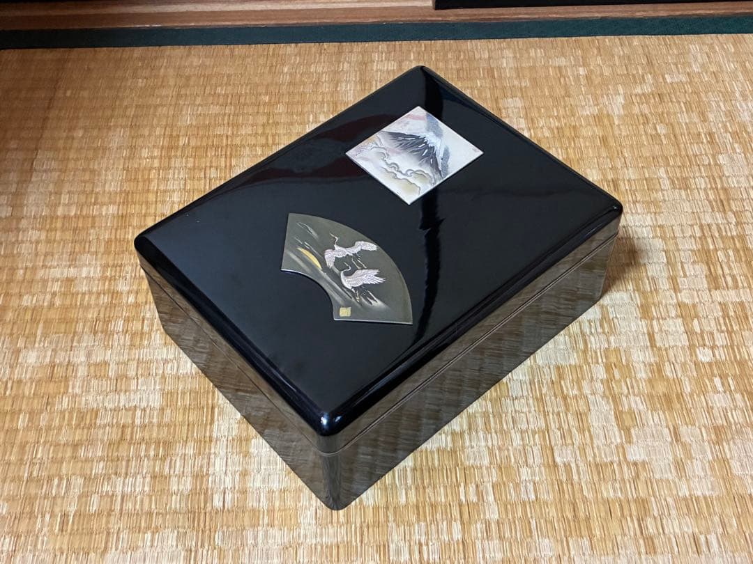 漆器 重箱 銀細工 富士山と鶴の絵柄 文箱 三越謹製 作家物 共箱