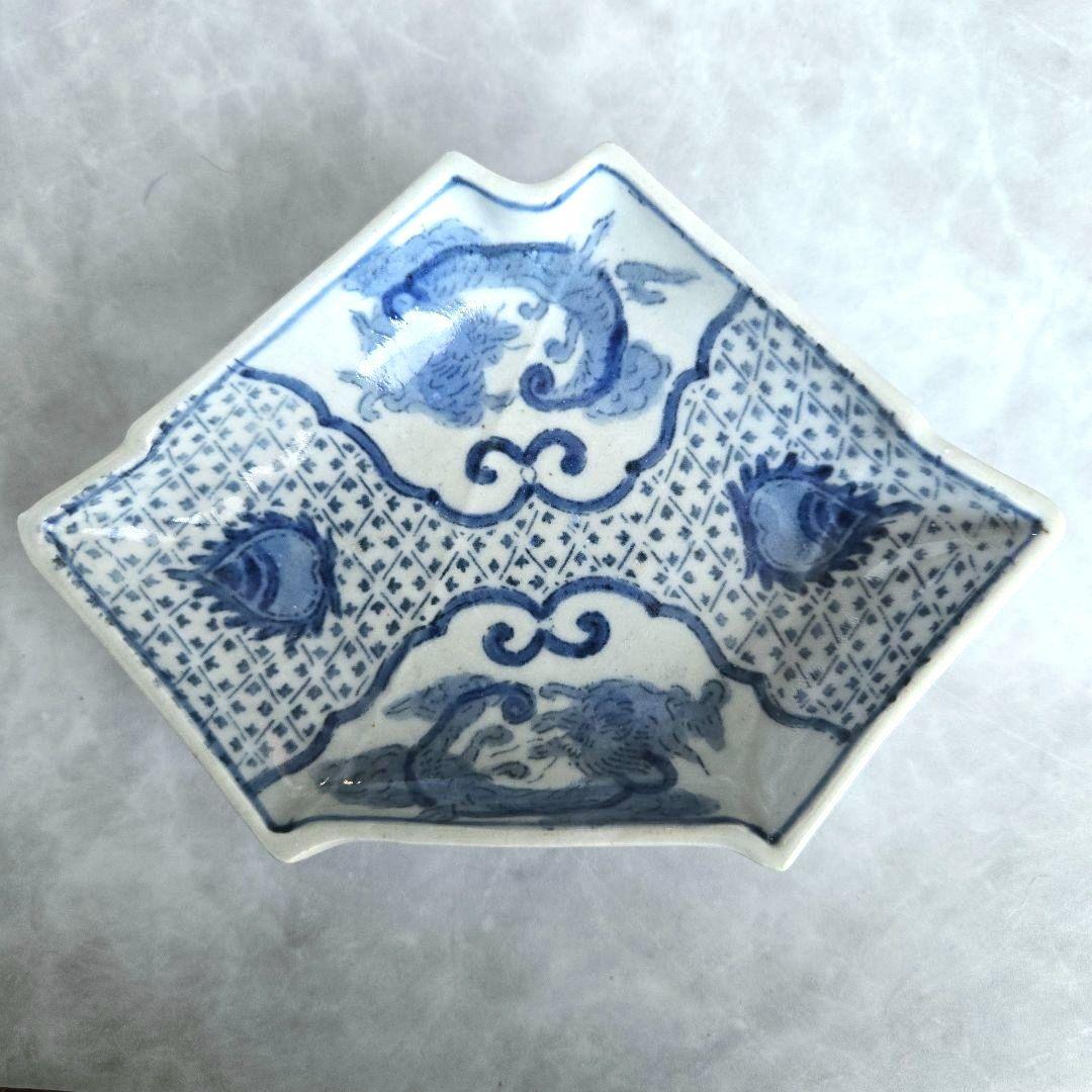 古伊万里　染付　変形皿　型紙摺　印判　龍　骨董　アンティーク　金直し　金継ぎ