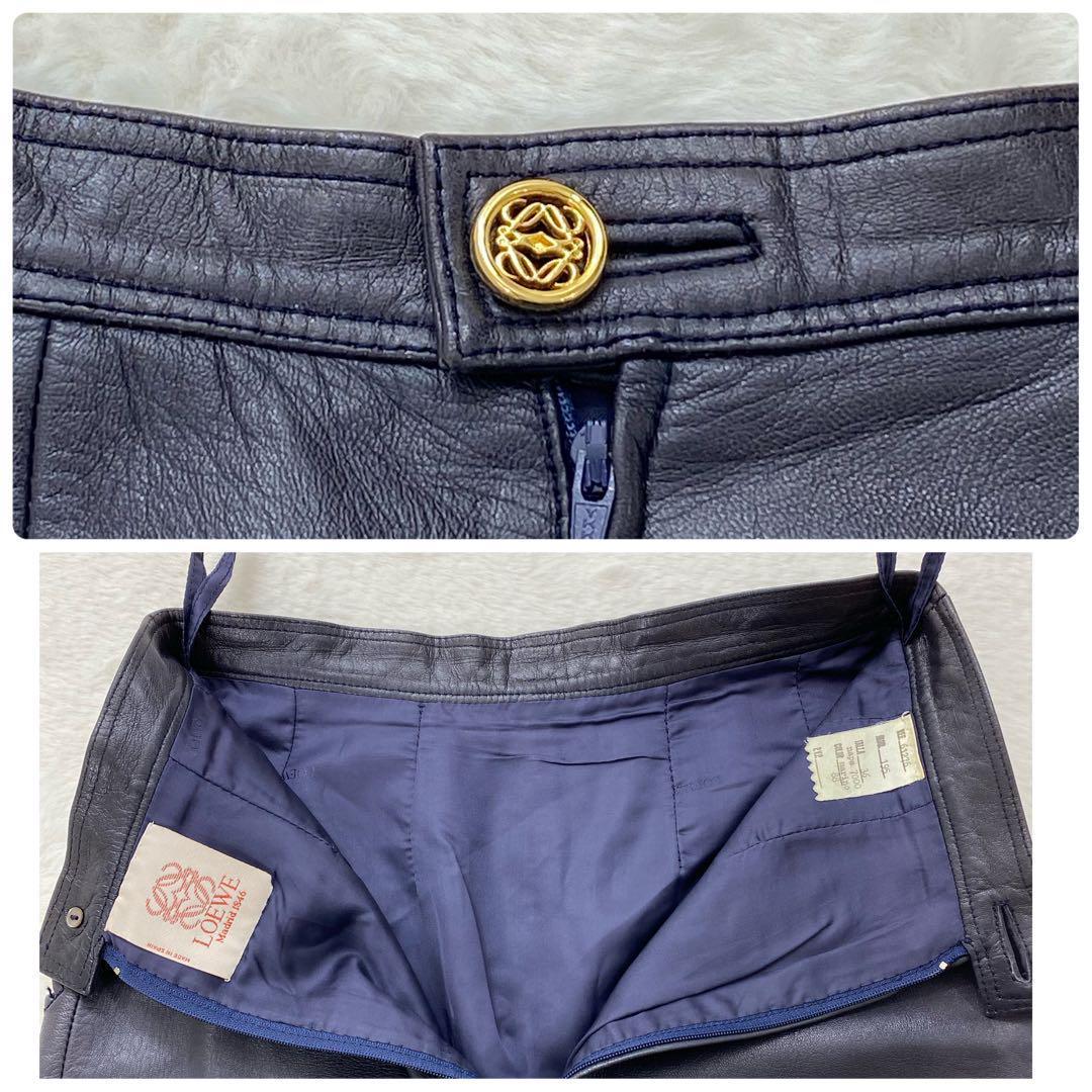 希少✨ロエベ　ラムレザー　スカート　M　シャドーロゴ　金ボタン　アナグラム　黒
