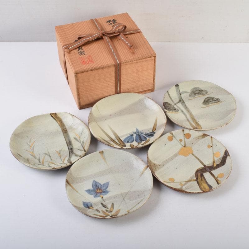 和食器　茶懐石　幸兵衛窯　加藤幸兵衛作　絵変　銘々皿　五客　共箱　V　9036