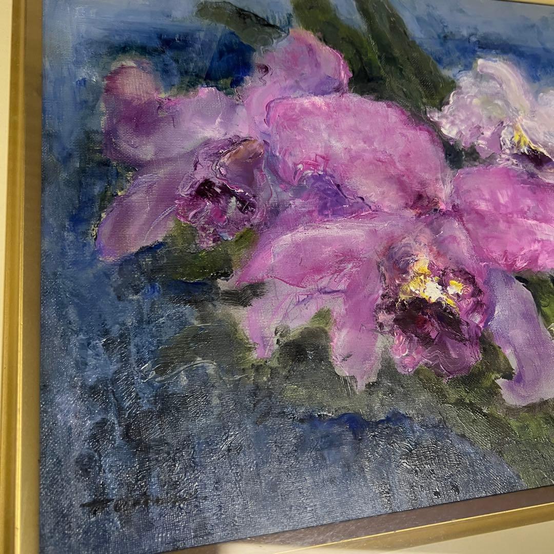 蘭の花 油彩画 金色フレーム付き　中村登美