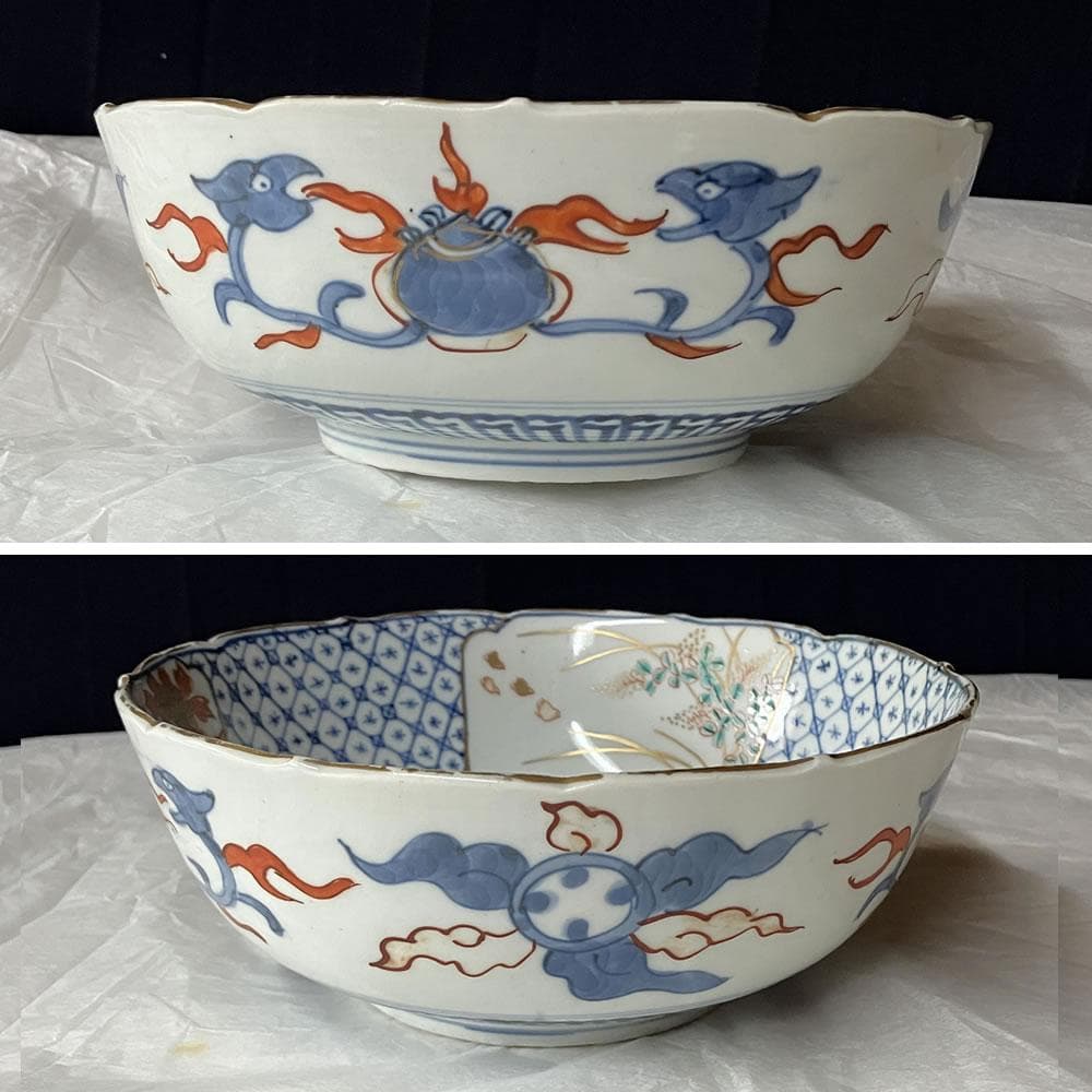 y039 古伊万里 色絵 鉢 五客 冨貴長春 口径18.5cm