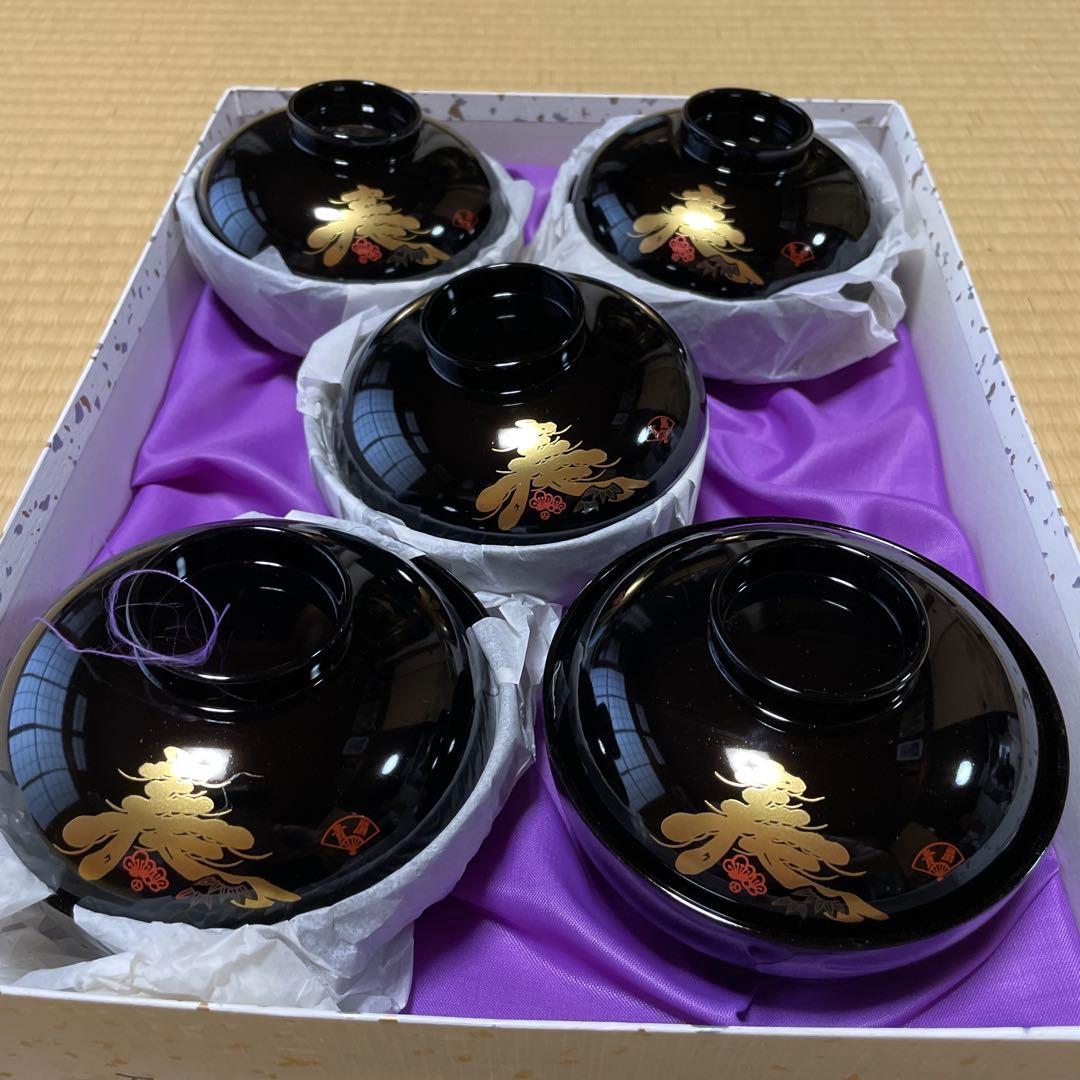 会津塗り　漆器　五客入　東形　お吸い物椀　黒寿　松竹梅