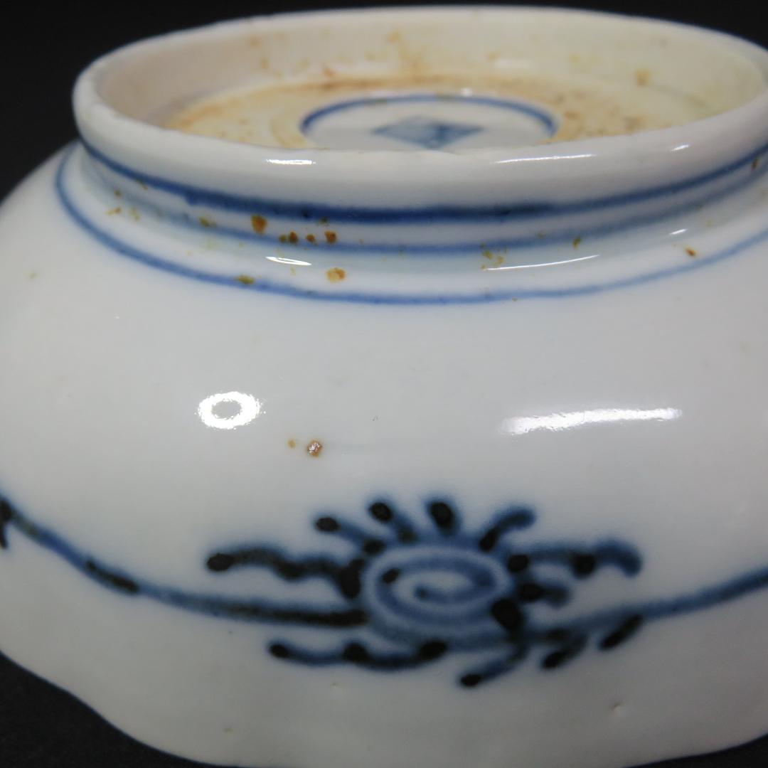 なます皿 4枚 染付 金彩 船 月 川 山水 風景絵図 古伊万里 窯傷