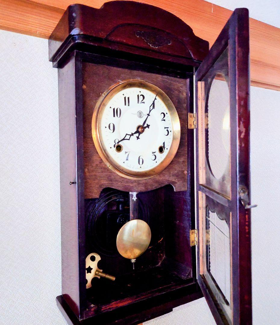 〈完動・美品〉鶴巻時計店英工舎　大正浪漫筋硝子宮型ゼンマイ振り子時計 　古時計