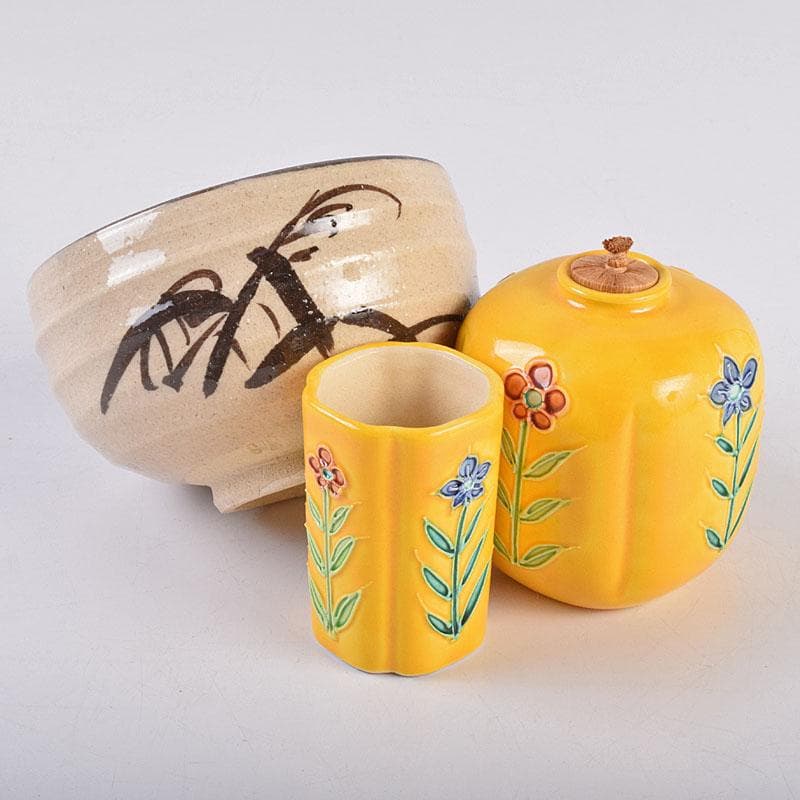 茶道具　桑茶箱　鉄絵草文　茶碗　黄交趾花文　振出など　九点　一式　M　R8950