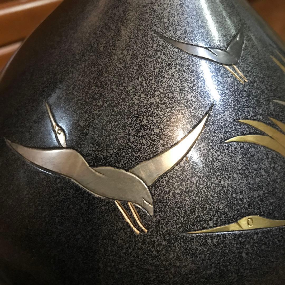 ★ 鶴の彫刻壺　花器　骨董　銅製壺　アンティーク　銅器壺