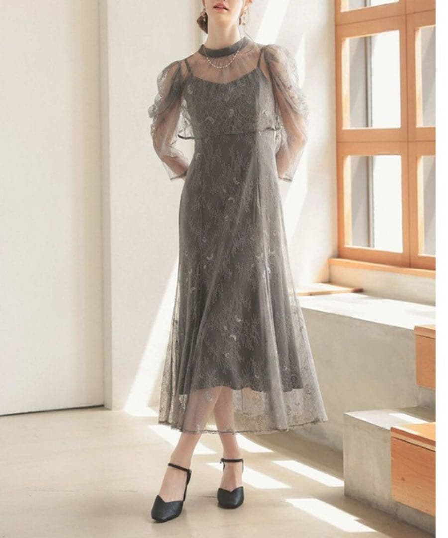 新品　3way ボレロレイヤードレースドレス グレー　M 結婚式　ワンピース